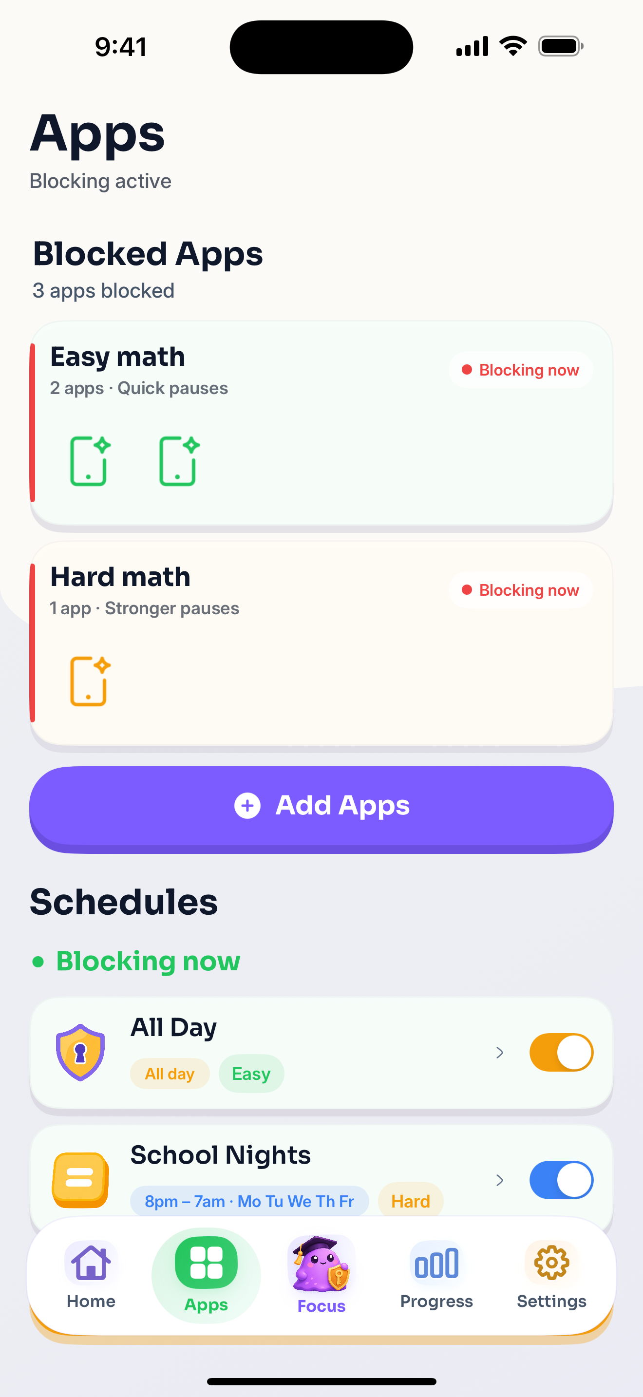 Blob block screen showing selected apps and schedules.